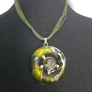 Vintage Green Enamel Swirl Pendant Necklace, Rhinestones, Silver‑Tone Statement